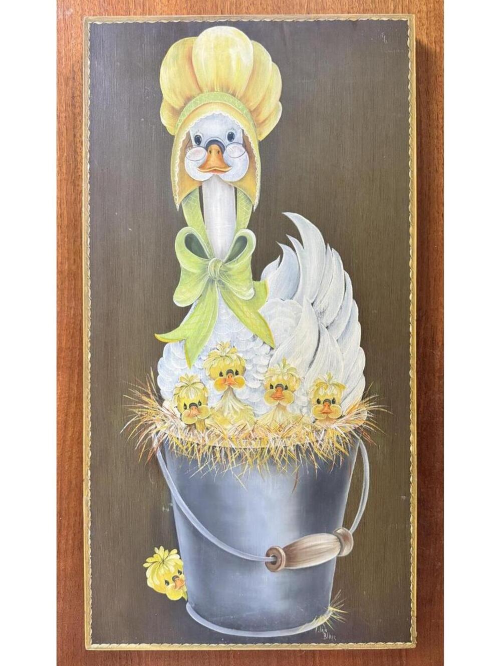 Vintage Country Folk Art Wood Plaque - Mother Goose & Goslings